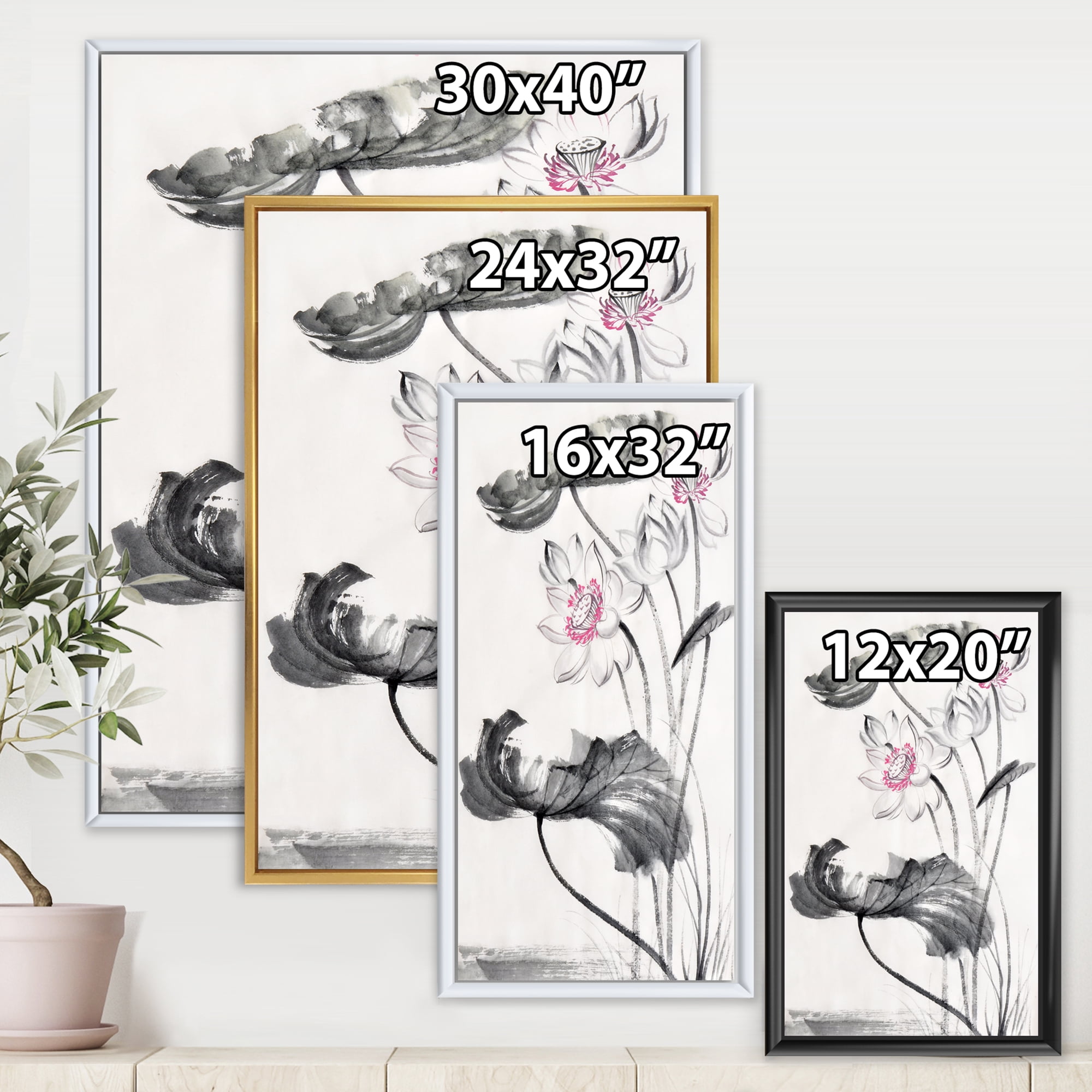 Designart 'Ancient Lotus Flowers' Traditional Framed Canvas Wall Art Print
