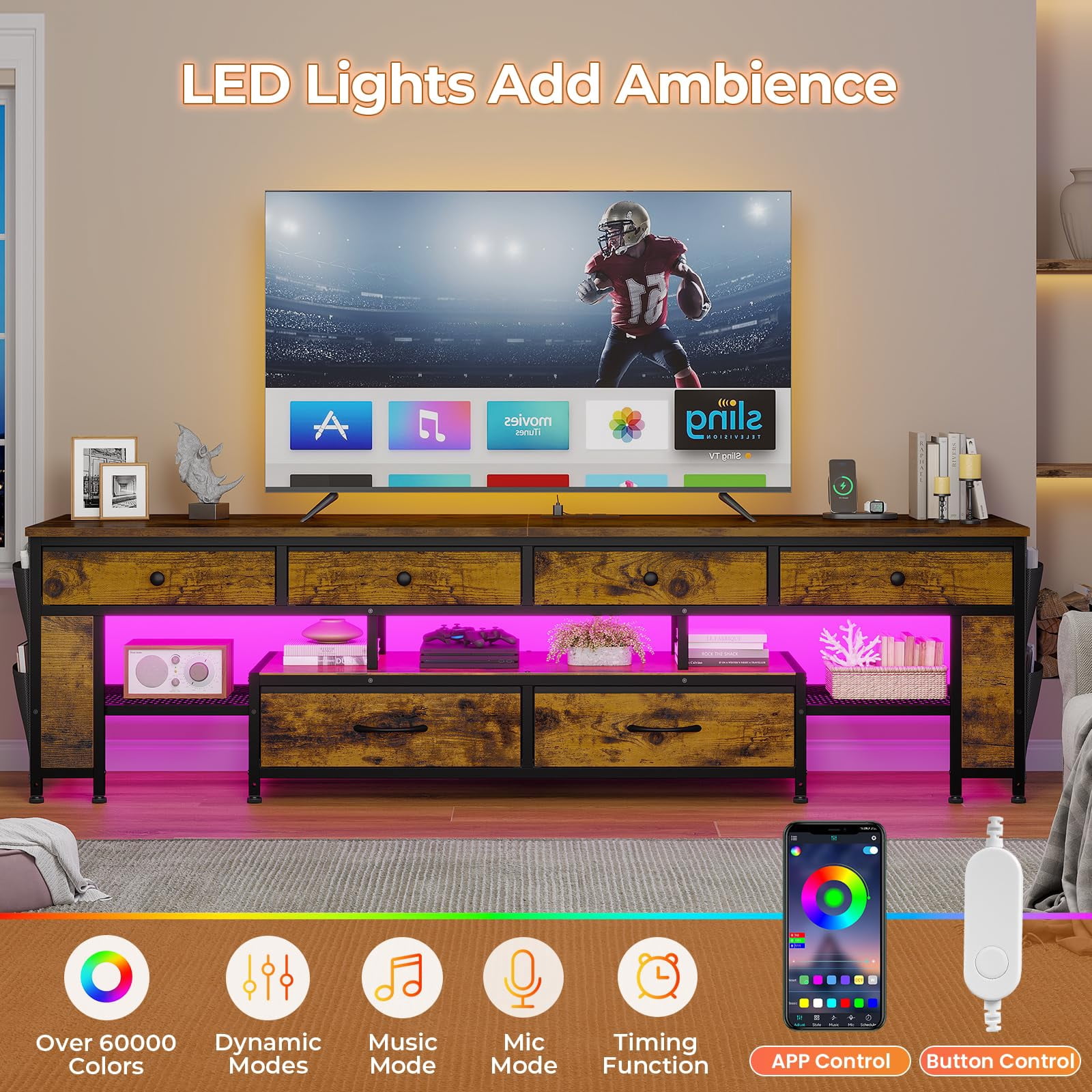63" TV Stand for 65/70/75 Inch TV,with 6 Drawers & 4 Side Storage Bags & Shelves,, Entertainment Center with Led Light and Power Outlets,Brown