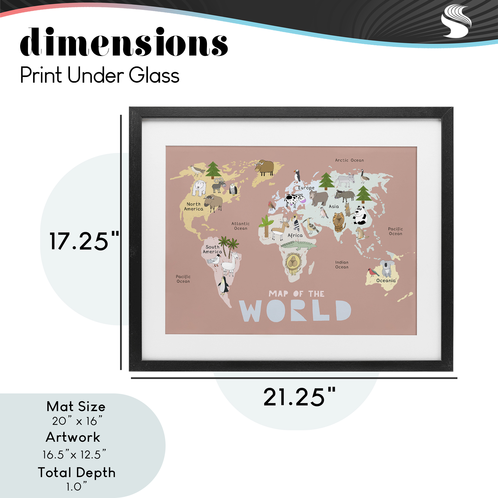 Kid's Map Of World Pink Black Framed Print Under Glass, design by Carla Daly