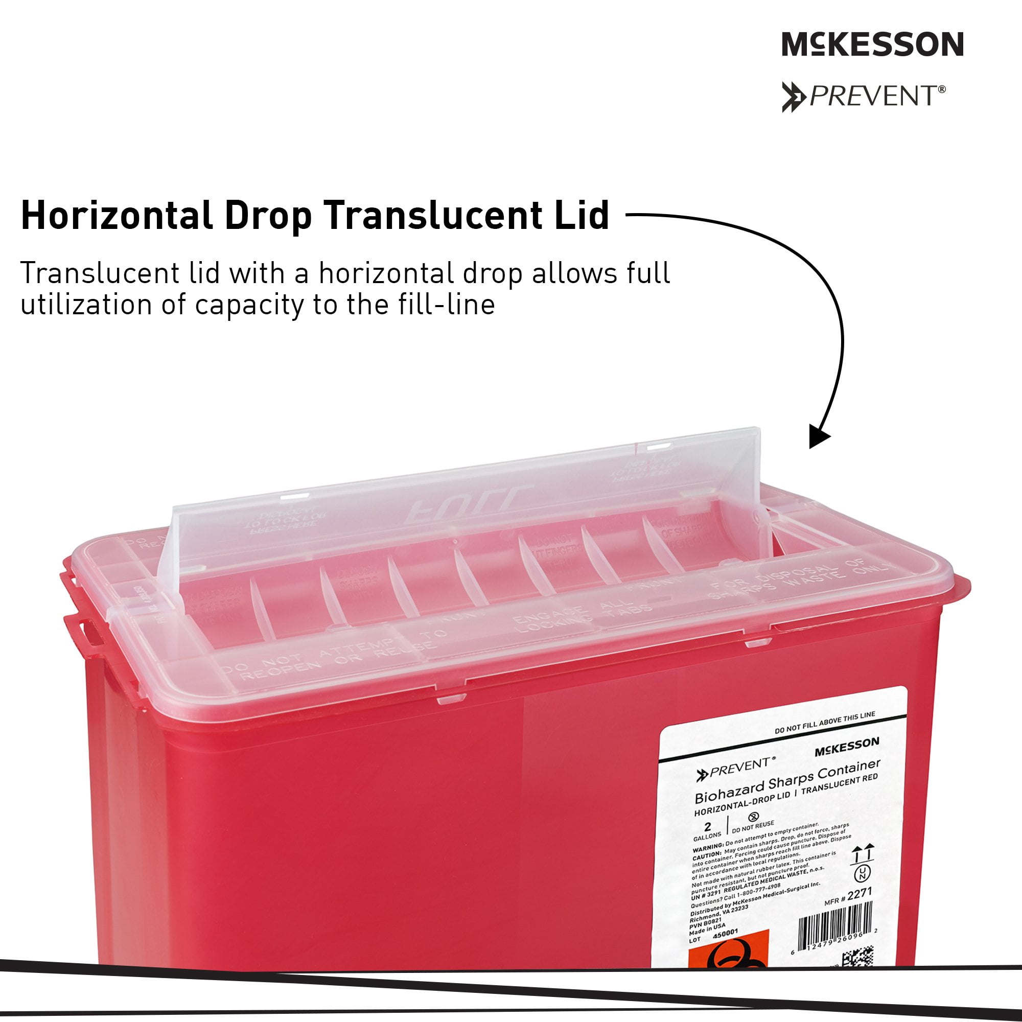 McKesson Prevent Biohazard Sharps Container, Plastic, 2 gal, 7 in x 10.2 in, 20 Ct