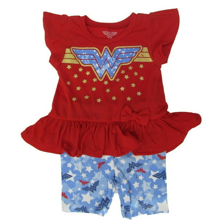 DC Comics Little Girls Red Wonder Woman Logo Ruffle 2 Pc Shorts Outfit