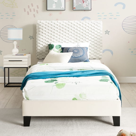 Twin Bedroom Set - 3D Upholstered Bed with Single Drawer Nightstand - Bedroom Furnishing - Long-lasting Comfort