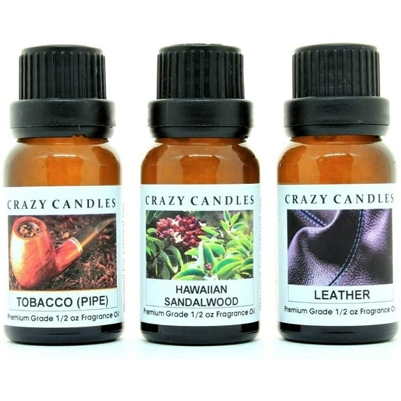 Crazy Candles 3 Bottles Set, 1 Hawaiian Sandalwood, 1 Leather, Tobacco (Pipe) 1/2 Fl Oz Each (15ml) Premium Grade Scented Fragrance Oils