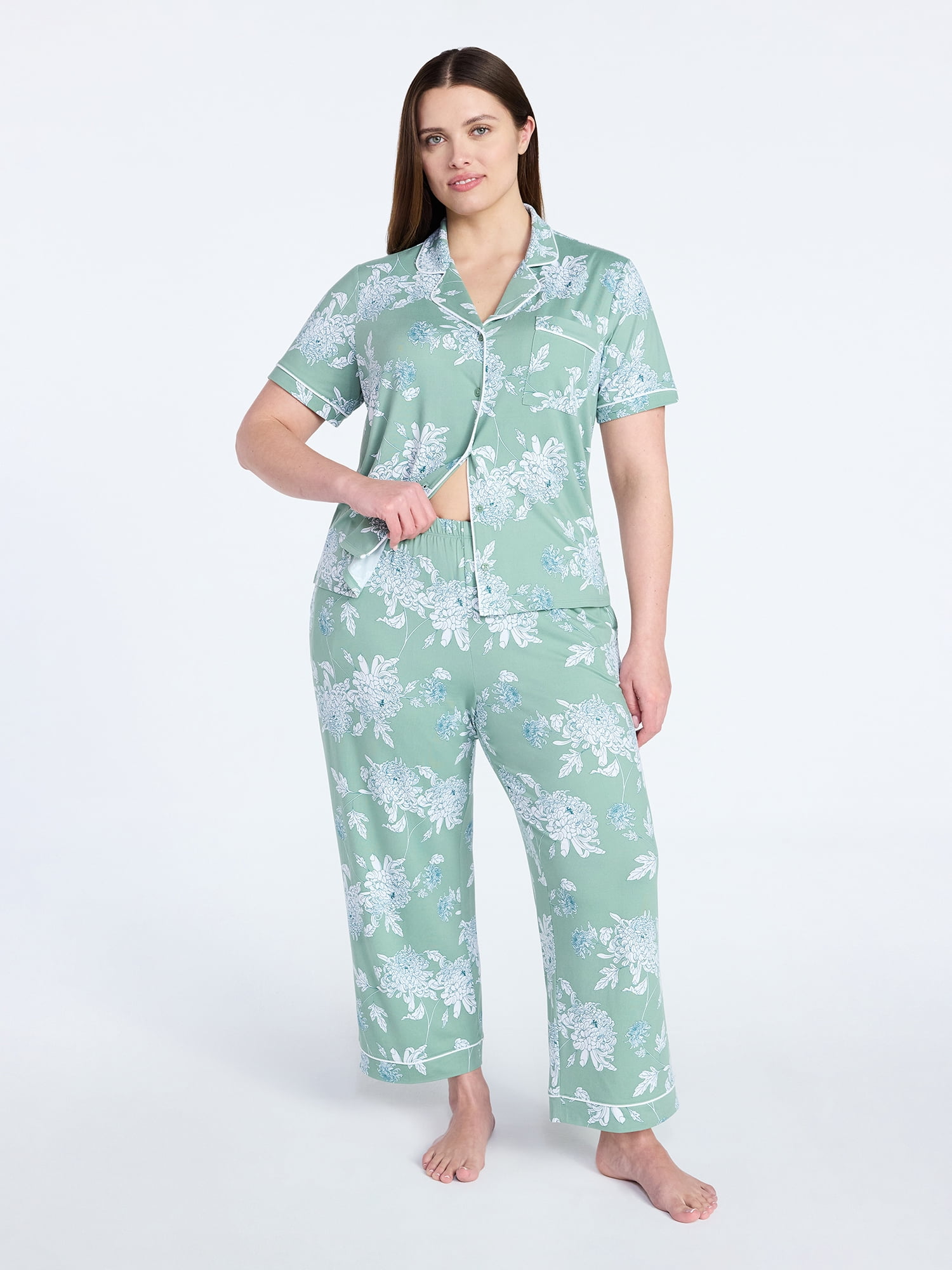 Joyspun Women's Dreamy Soft Collection Notch Collar Top and Capri Pants Pajama Set, 2-Piece, Sizes XS-3X