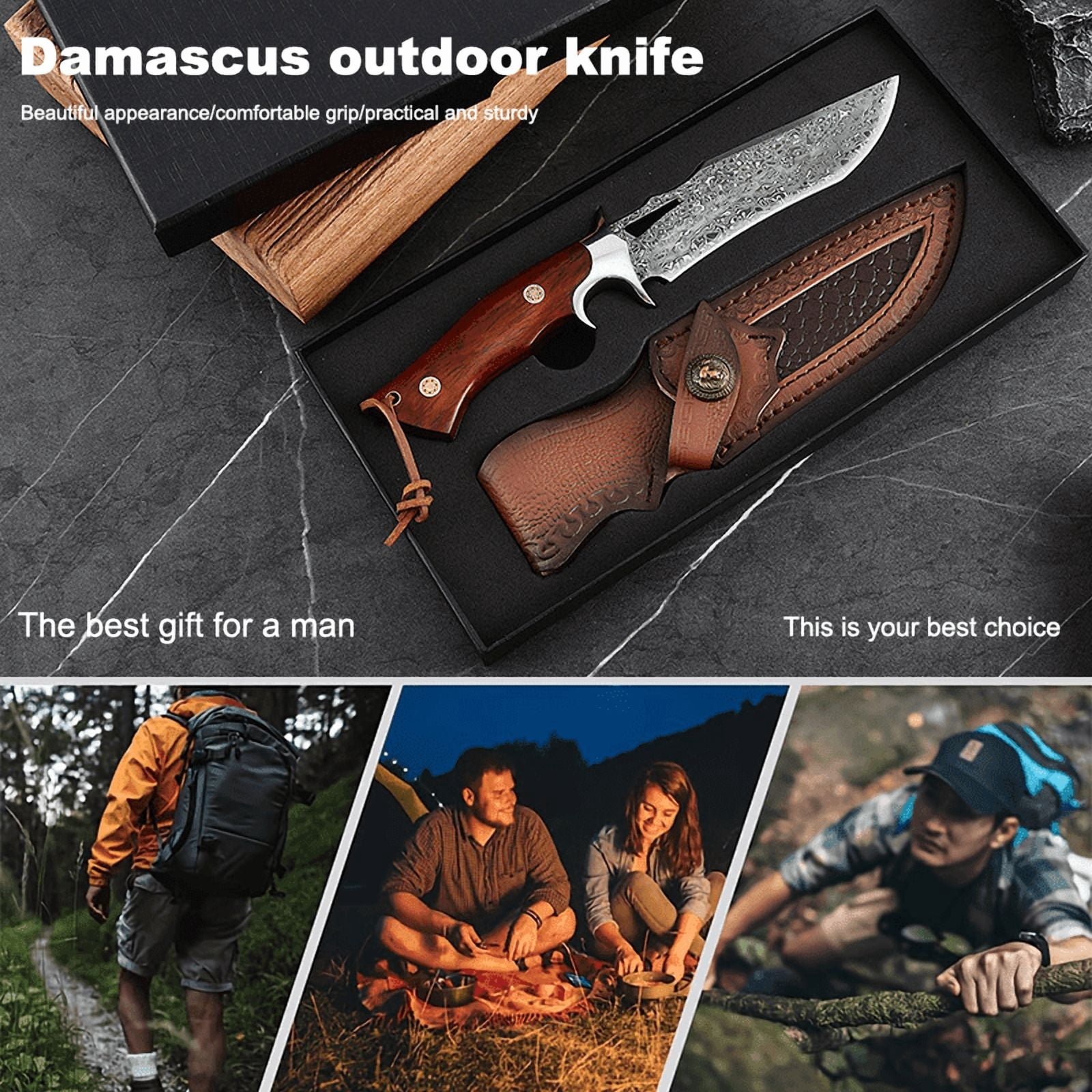 Hunting Knife with Damascus Steel Blade, Full Tang Fixed Blade with Leather Sheath