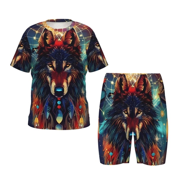 Fotbe Mystic Wolf Dreamcatcher Pijama Estampada de 2 Piezas para Niños – Ropa de Dormir de Manga Corta Cómoda para Niños y Niñas, Camiseta y Shorts de Algodón-3X-Large