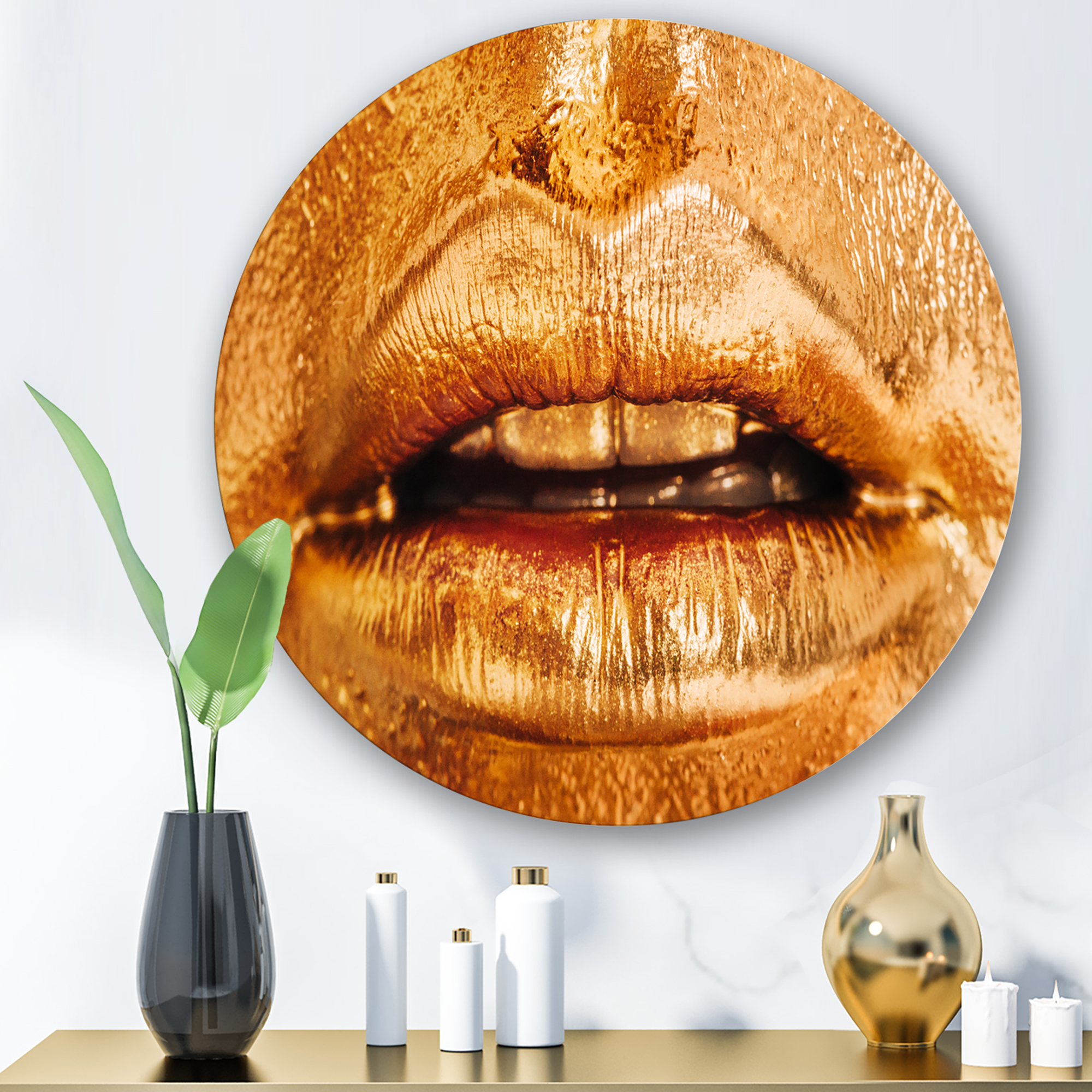 Designart 'Close Up Of Female Lips With Bright Golden Makeup' Modern Circle Metal Wall Art 11x11 - Disc of 11