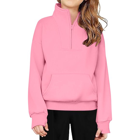 Milgrthf Chandails à Capuche à Demi-Glissière pour Filles, Col, Chandail à Manches Longues Décontracté, Fermeture à Glissière 1/4, Trous pour les Pouces, Chandails à Capuche avec Poche, Rose Vif 150