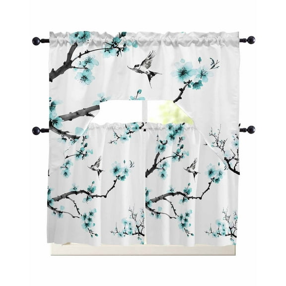Blue Spring Floral Kitchen Curtains Sets 36 Inch Length with Valance, Birds Watercolor Farmhouse Modern Art Swag Valances and Tiers Curtain Set Drapes Swag Curtains for Living Room, Bathroom, Bedroom