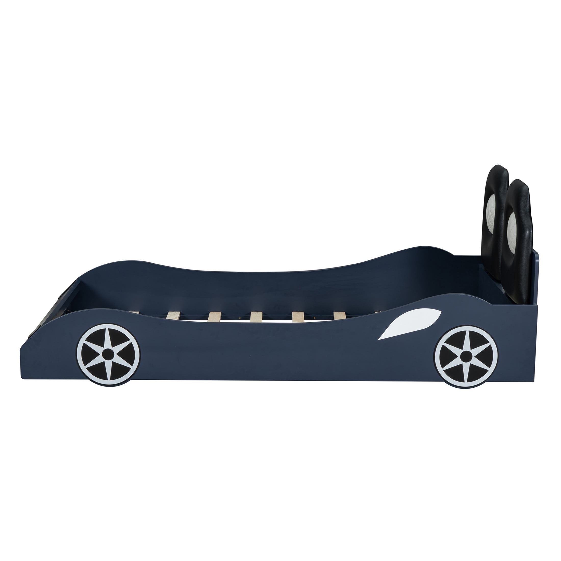 Noble House Linlyn Twin Size Wood Race Car Platform Bed with LED Lights and Upholstered Backrest, Blue