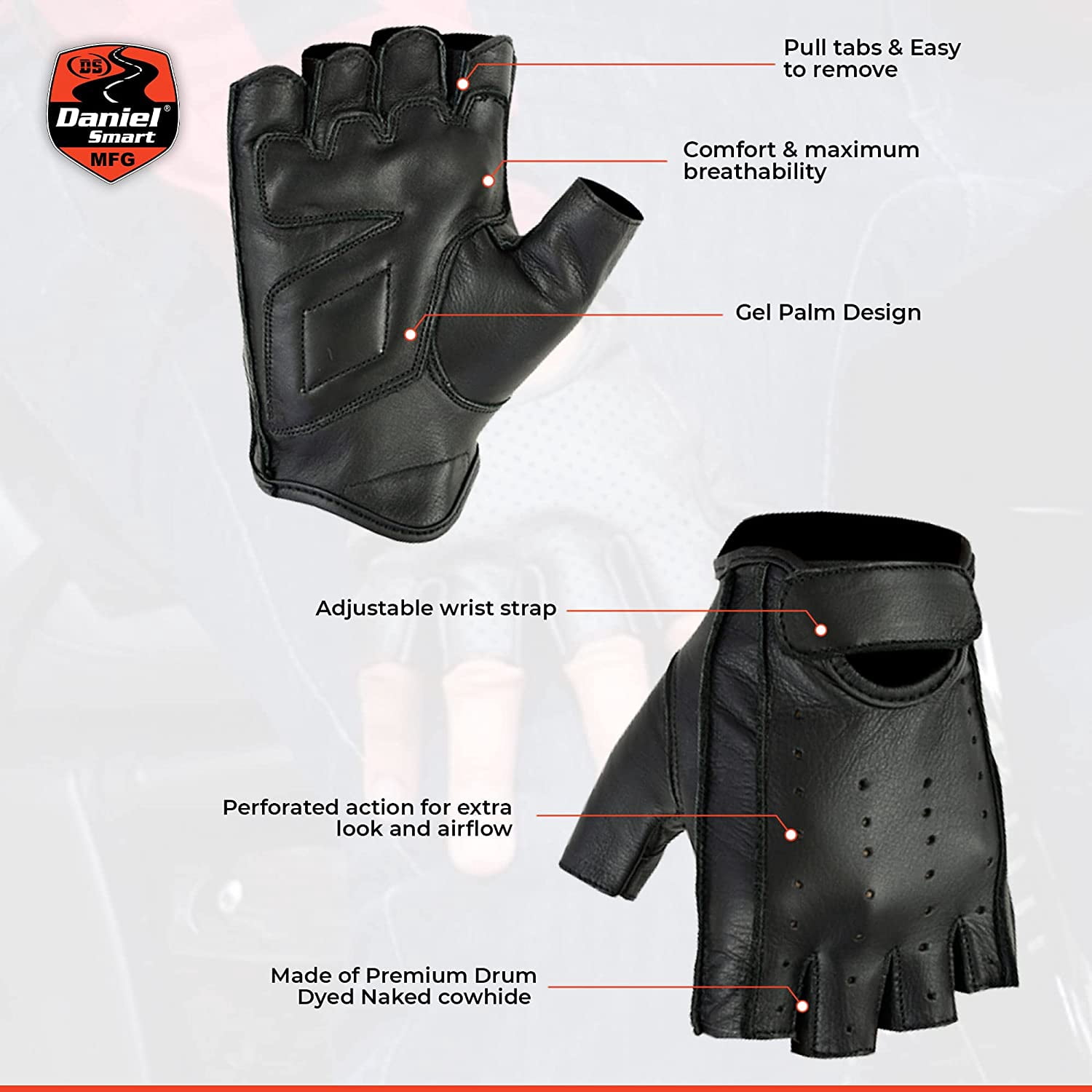 Daniel Smart Men’s Leather Gloves – Naked Cow Leather - Fingerless Motorcycle Gloves with Perforated action and Leather Palm