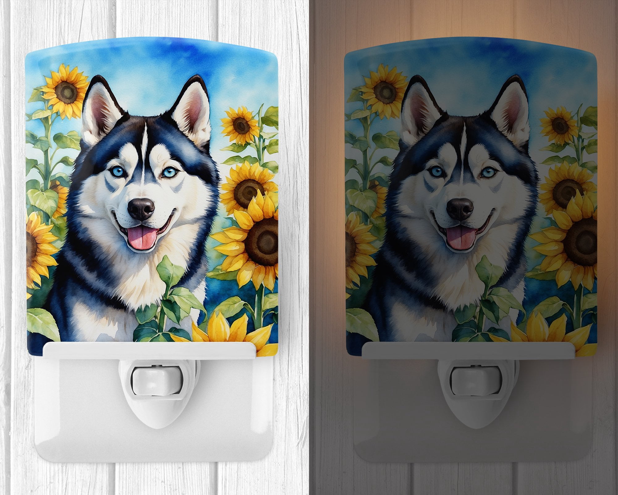 Siberian Husky in Sunflowers Ceramic Night Light 4 in x 6 in