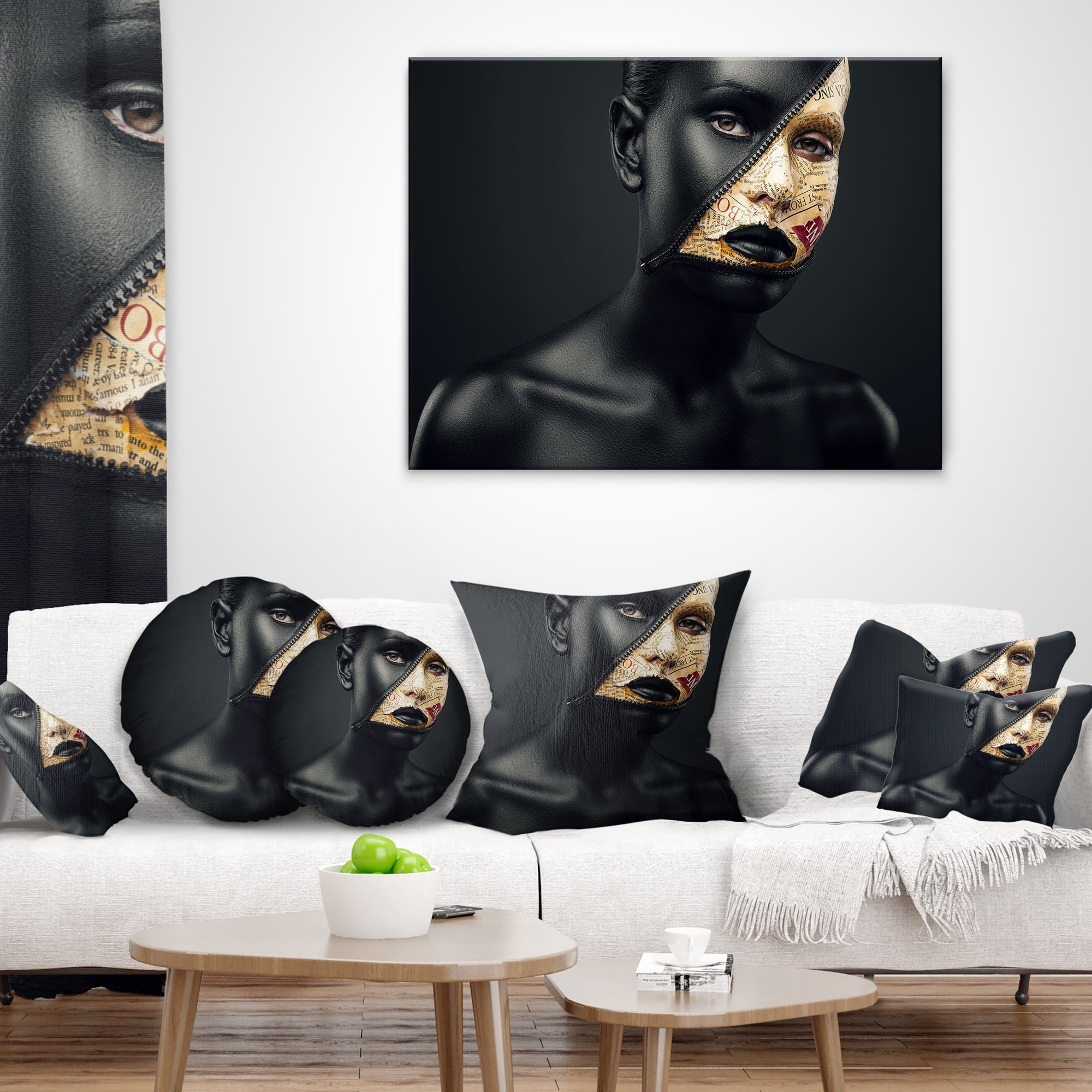 Designart Woman with a Zip on Face - Portrait Throw Pillow - 12x20