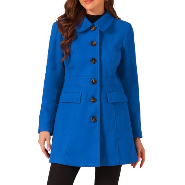 Abrigo azul de longitud media con cuello Peter Pan y un solo botón para mujer Inspire Chic, talla XS