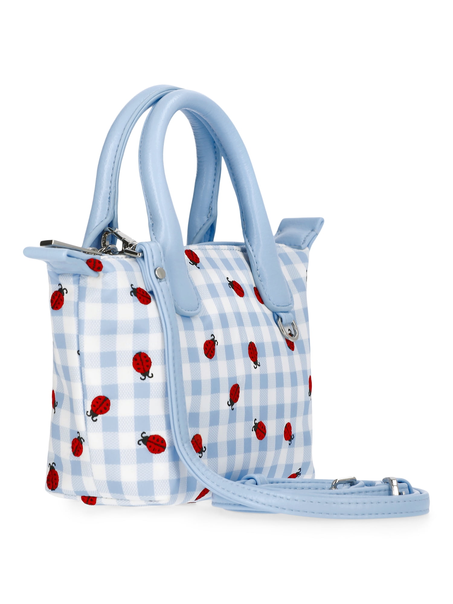 No Boundaries Women's Mini Tote Crossbody Bag, Sky Gingham with Ladybug Embroidery