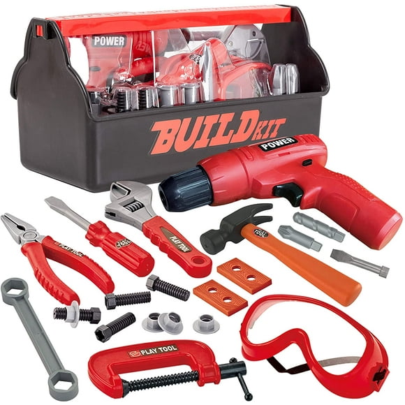 TFixol Pretend Play 19 Pieces Construction Tool Set with a Tool Box Including Construction Tool, Accessories and Toy Electric Drill