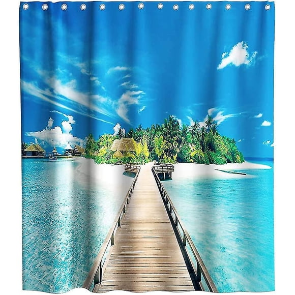 Shower Curtain Tropical Island Wooden Bridge Sea Scenery Theme Cloth Fabric Bathroom Decor Sets With Hooks Waterproof Washable 70 X 70 Inches Blue And