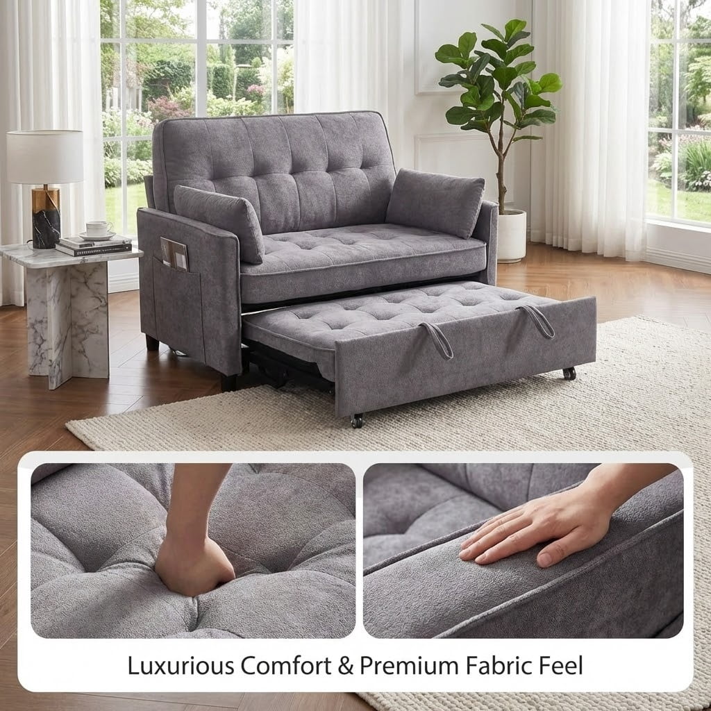 Howcool 55" Sleeper Sofa Bed, 3-in-1 Pull Out Convertible Loveseat Couch with 5-Level Adjustable Backrest, USB Port & Side Pocket, Terry Fabric Sofa for Living Room, Bedroom & Small Spaces,Light Grey