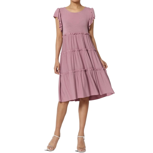 TheMoogan Women's Flutter Ruffle Cap Sleeve Tiered Jersey Babydoll A-Line Midi Day Dress