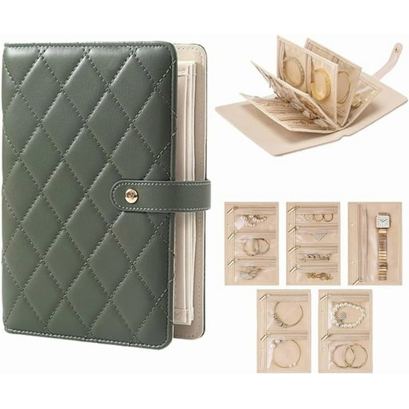 Portable Jewelry Organizer Book with Clear Zipper Pouches,Elegant Portable Checkered Jewelry Storage Bag, Travel Ring Binder Case for Necklaces & Earrings, Velvet Storage for Women (Green)L