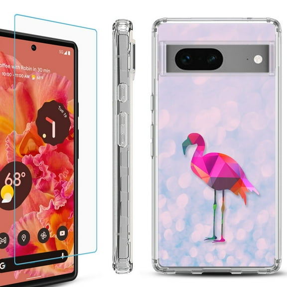 OneToughShield ® for Google Pixel 7a Shockproof Bumper Phone Case, with Tempered Glass Screen Protector - Flamingo / Polygon
