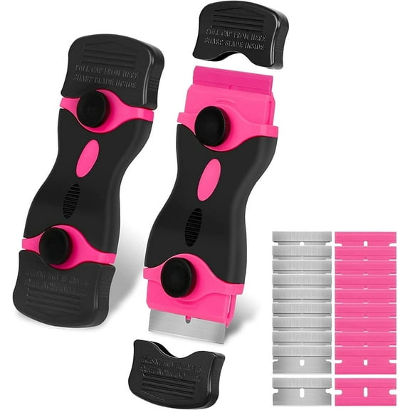 THINKWORK Razor Blade Scraper - Pink Razor Scraper Gift for Women, 2-in-1 Scraper Tool Set with 20Pcs Razor Blades for Removing Window Labels, Decals, Stickers, Glass Stove Top (2 Pack)