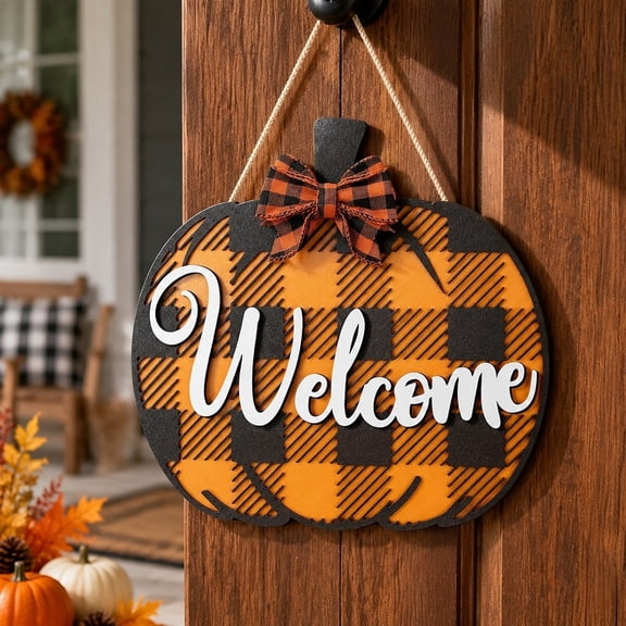 Halloween Wooden Welcome Sign, Pumpkin Bow Hanging Porch Sign Wall Decor 30x30cm Rustic Farmhouse Holiday Door Plaque for Home Party