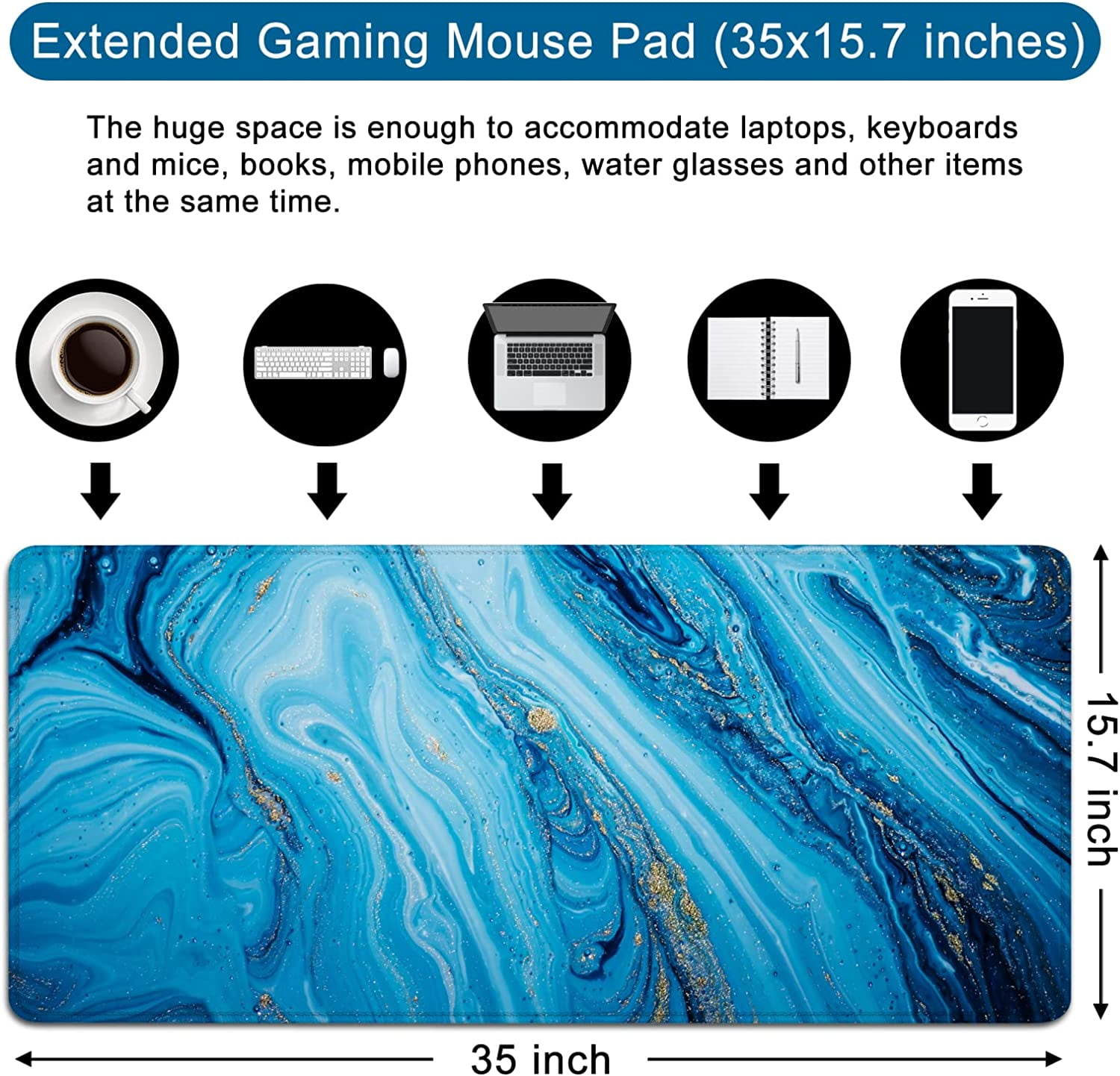 Blue Marble Mouse Pad XXL Large Mouse Pad for Desk 35x15.7x0.12inch Desk Mat Gaming Mouse Pad (Blue)