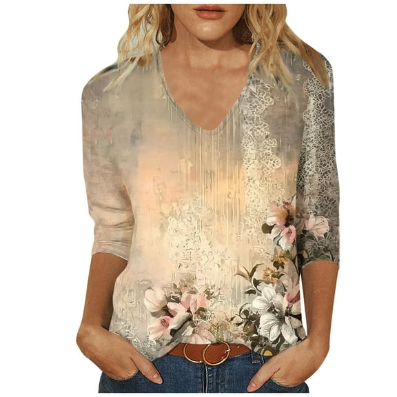 CYMMPU Blouses for Women Dressy Casual V Neck Fall Fashion Shirts Tunic Tops 3/4 Sleeve Spring Tops Flower Pattern Loose Fit Business Elegant Work Topss Khaki XXL