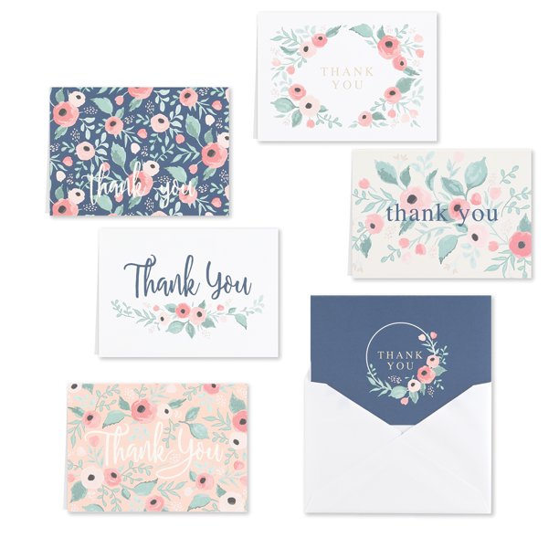 Blush Floral Thank You Note Card Assortment set of 36