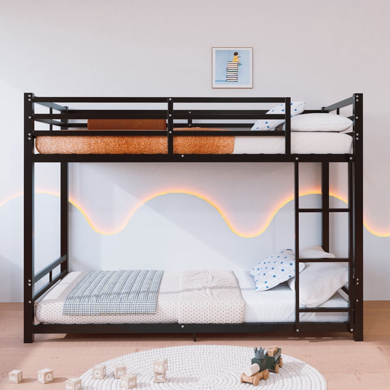 Twin-Over-Twin Heavy Duty Metal Teens Bunk Bed with Built-In Ladder, Noise-Free Kids Bed Frame with High Guardrail
