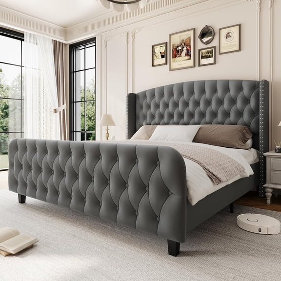 King Size Bed Frame with 51'' Tall Wingback Headboard, Velvet Upholstered Platform Bed Frames with Strong Wood Slats Support, Noise Free, No Box Spring Needed, Easy Assembly, Grey