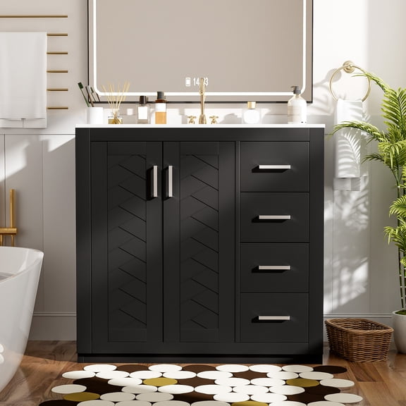 YINGYING 36'' Bathroom Vanity with Ceramic Sink, Solid Wood Frame Bathroom Storage Cabinet, Freestanding Vanity Set with 3 Drawers & Soft Closing Doors