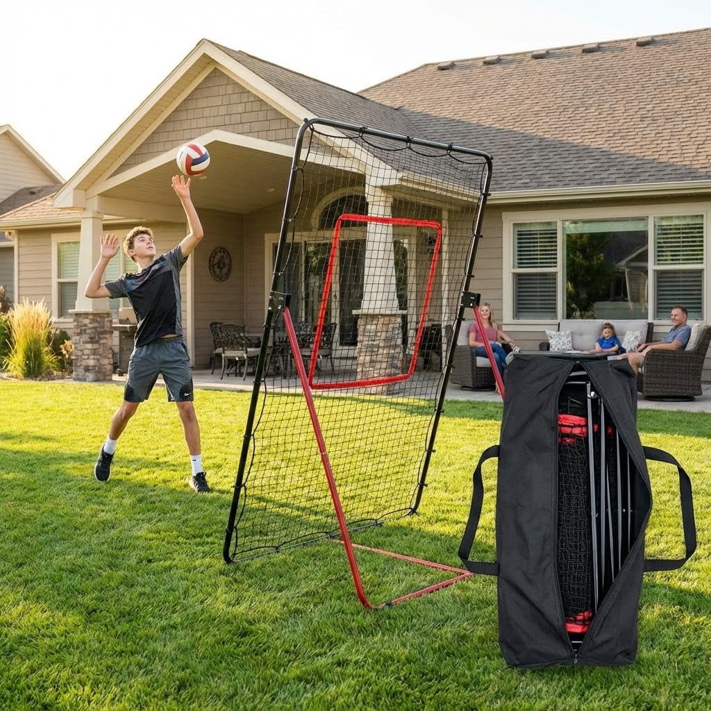 Adjustable Volleyball Rebounder Net 7x4 FT, High-Tension PE Netting, Portable Volleyball Training Equipment Practice with Angle Customization for Improving Volleying, Bumping, Spiking Skills