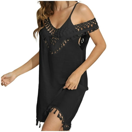 Zpanxa Bathing Suit Cover up for Women Bathing Suit Bikini Swimsuit Coverup Tassels Beach Crochet Loose Hollow Out Coverup Skirt Black One Size