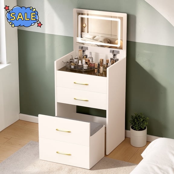 Hassch Small Vanity Desk with Lights and Flip Top Mirror, Compact Makeup Table with Cushioned Stool and Glass Desktop, Dressing Table with 3 Storage Drawers, Space Saving, White