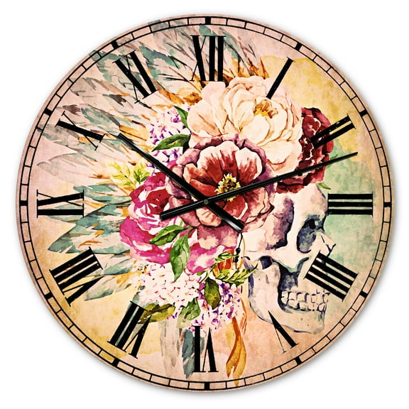 Designart 'Skull and Flowers' Bohemian wall clock