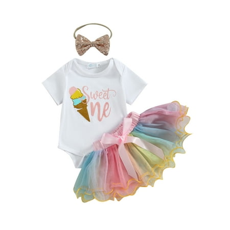 

Sprifallbaby Baby Girls 3Pcs Birthday Outfits Short Sleeve Letter Romper + Tutu Skirt + Headband Set 0-24M