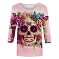 thumbnail image 5 of Hueook Plaid Shirts for Women Shirts Ladies' Day Of The Dead Printed Round Neck Three Quarter Sleeve 3/4 Sleeve T-shirt Loose Top Long Sleeved Round Neck Top/shirt Multicolor 4X, 5 of 5