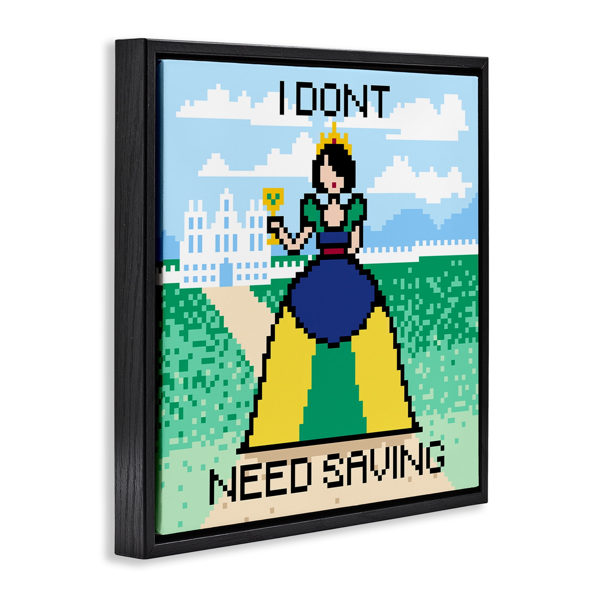 Stupell Industries Don't Need Saving Pixel Princess People Painting Black Floater Framed Canvas Art Print Wall Art, 25 x 25