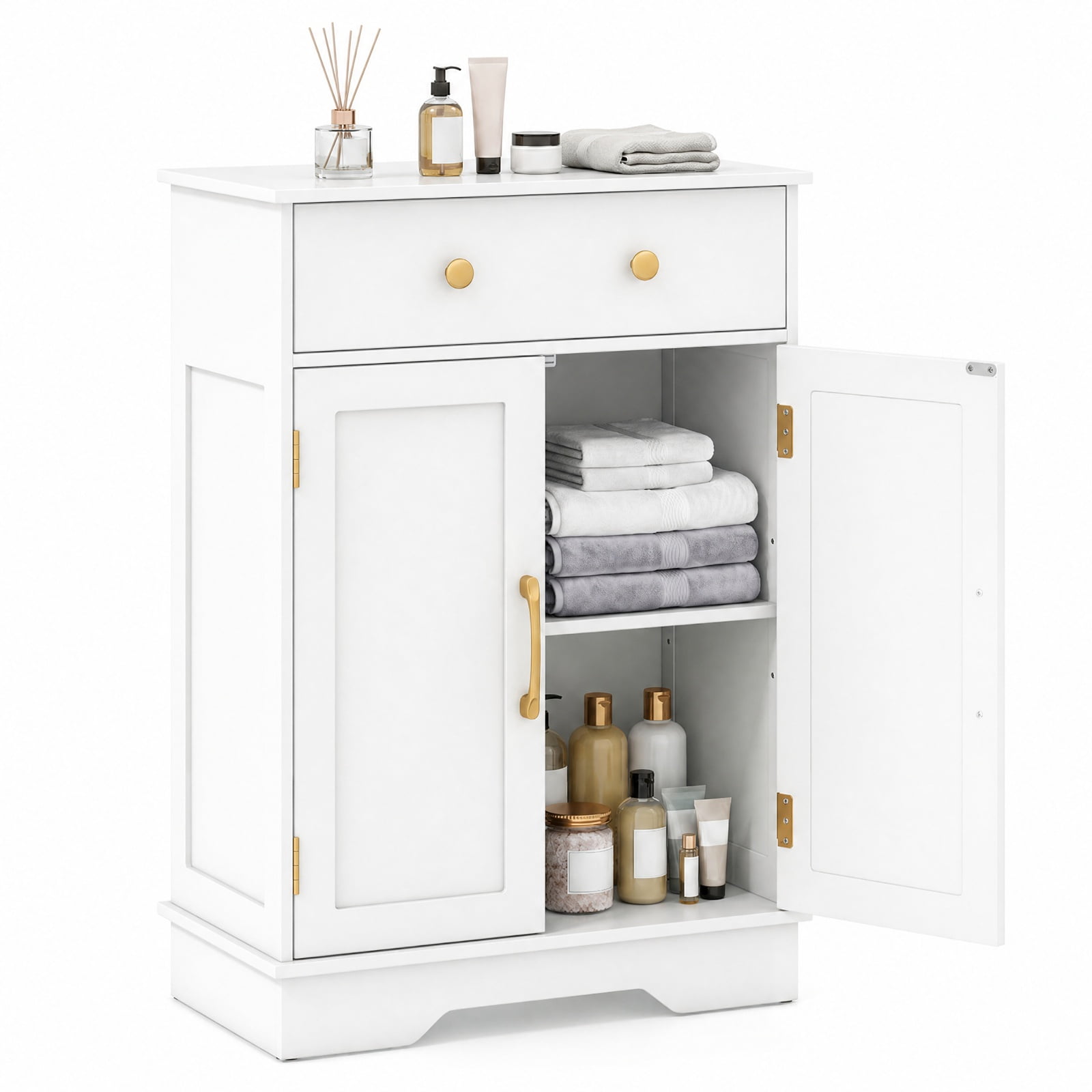 Vebreda Freestanding Floor Storage Cabinet with 2 Doors, Drawer & Adjustable Shelf, Modern Buffet Sideboard Organizer with Gold Knobs for Bathroom Living Room Dining Room, White