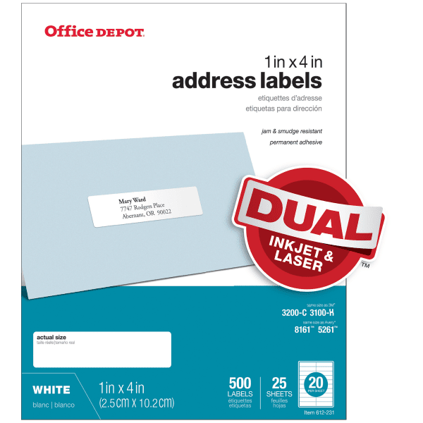 Office Depot White Inkjet/Laser Address Labels, 1in. x 4in., Pack Of