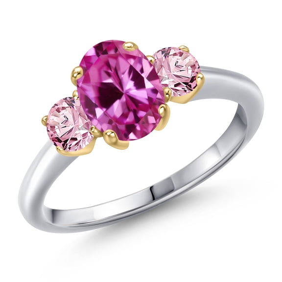 Gem Stone King 10K Two Tone Gold Pink Created Sapphire and Pink Lab Grown Diamond Engagement Ring for Women | 2.15 Cttw | Oval 8X6MM | Gemstone September Birthstone | Size 7