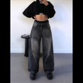 thumbnail image 4 of Pantalones Vaqueros de Pierna para Mujer, Desgastados, de Cintura Media, Estilo Vintage Y2K. Negro XL, 4 of 7