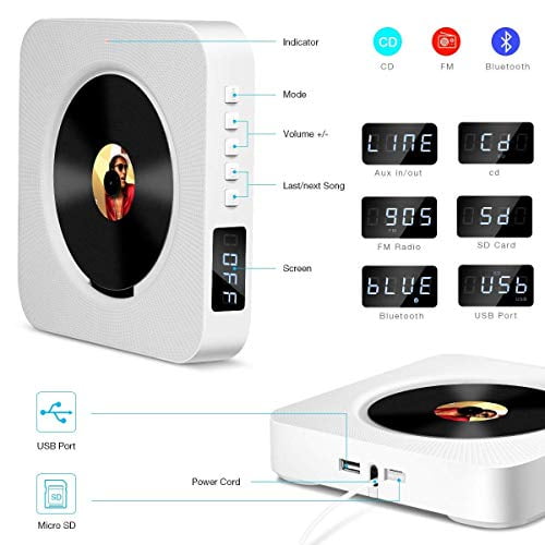 Wall Mountable & Desktop Stand CD Players Music Player Home Audio Boombox with Remote Control FM Radio Built-in HiFi Speakers LCD Display MP3 Headphone AUX Jack CD Player Portable with Bluetooth 