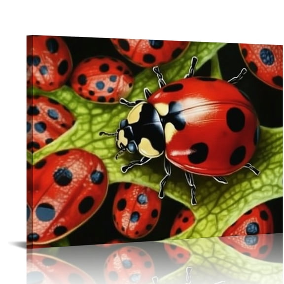 BCIIG Ladybug Leaf Macrophotography Canvas Print Wall Art Decor 20x16in