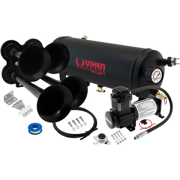 Vixen Horns Train Horn Kit for Trucks/Car/Semi. Complete Onboard System- 150psi Air Compressor, 1.5 Gallon Tank, 4 Trumpets. Super Loud dB. Fits Vehicles like Pickup/Jeep/RV/SUV 12v VXO8115B/4114B