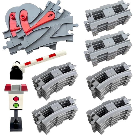 37 Pieces Train Tracks Set - Compatible with All Major Brands, Classic Railway Track with 20 Curved, 10 Straight and 2 Switches, Light Grey Toy Track Accessory for Kids