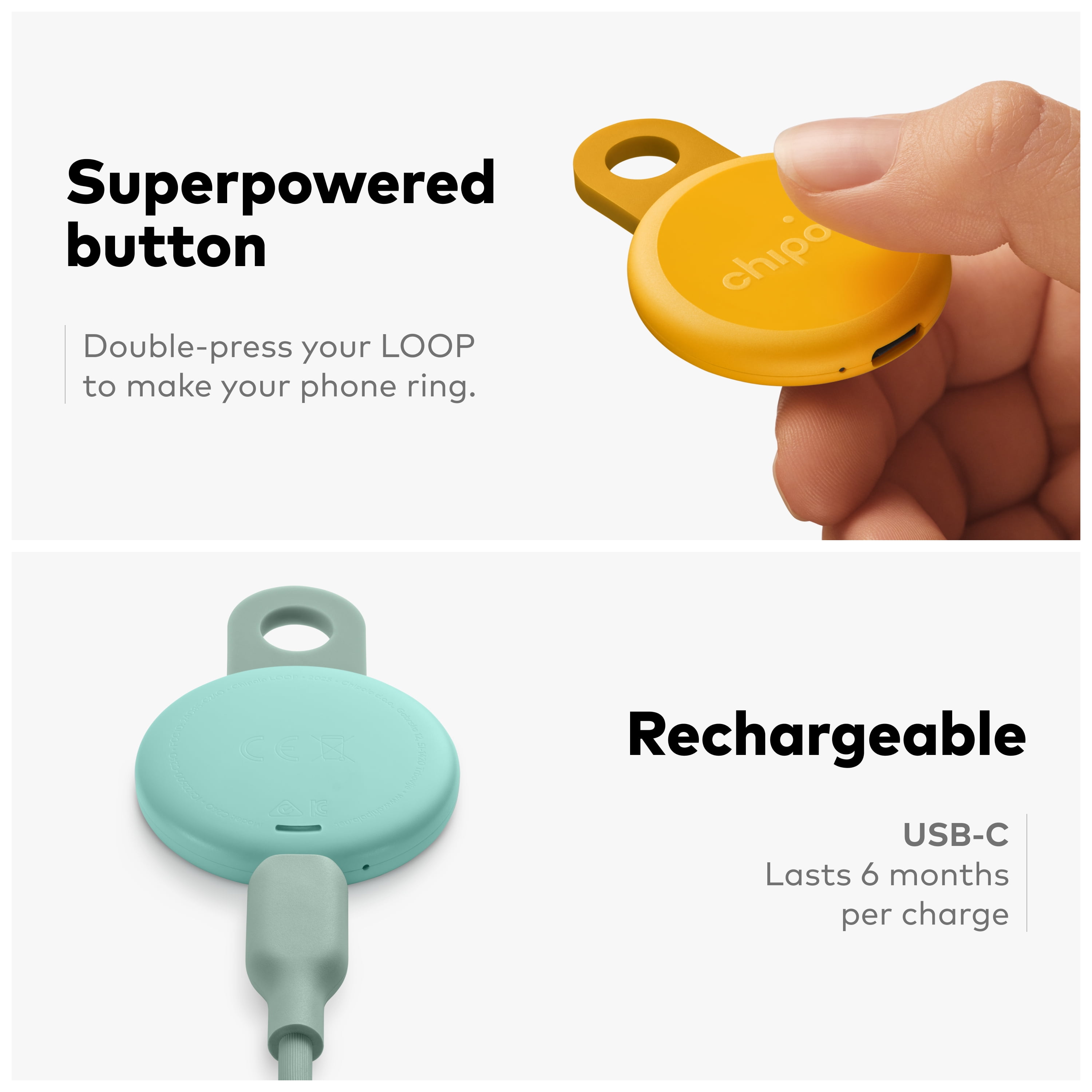 Chipolo LOOP - Rechargeable Bluetooth Tracking tag, Item Locator for Keys & Bags, Compatible with Apple Find My or Find Hub on Android, Out of Range Alerts for Android & Call Your Phone (Honey)