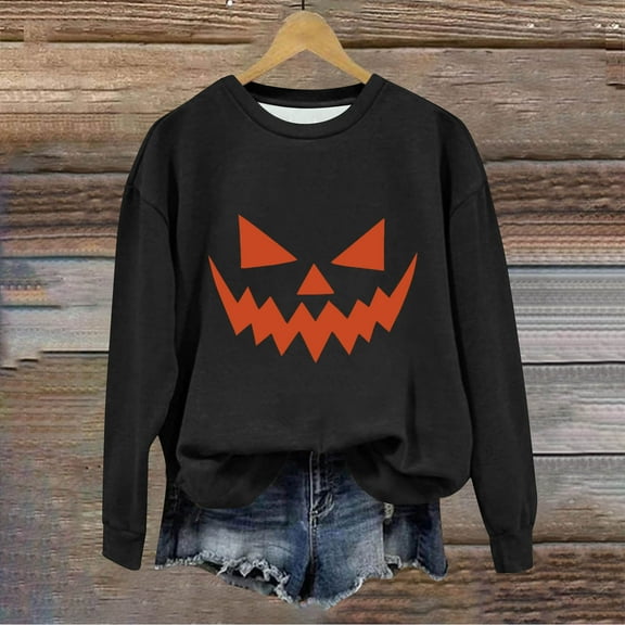 Neewe Womens Halloween Long Sleeve Sweatshirt Crew Neck Cute Printed Pullover Relaxed Fit Casual Tops
